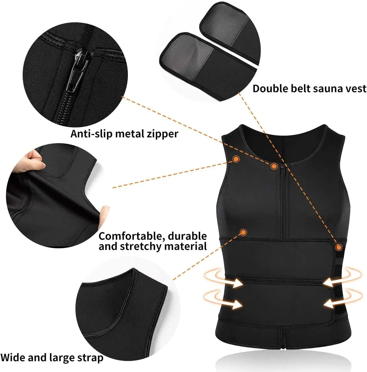 Junlan Men Sauna Zipper Tank Top with Double Belts