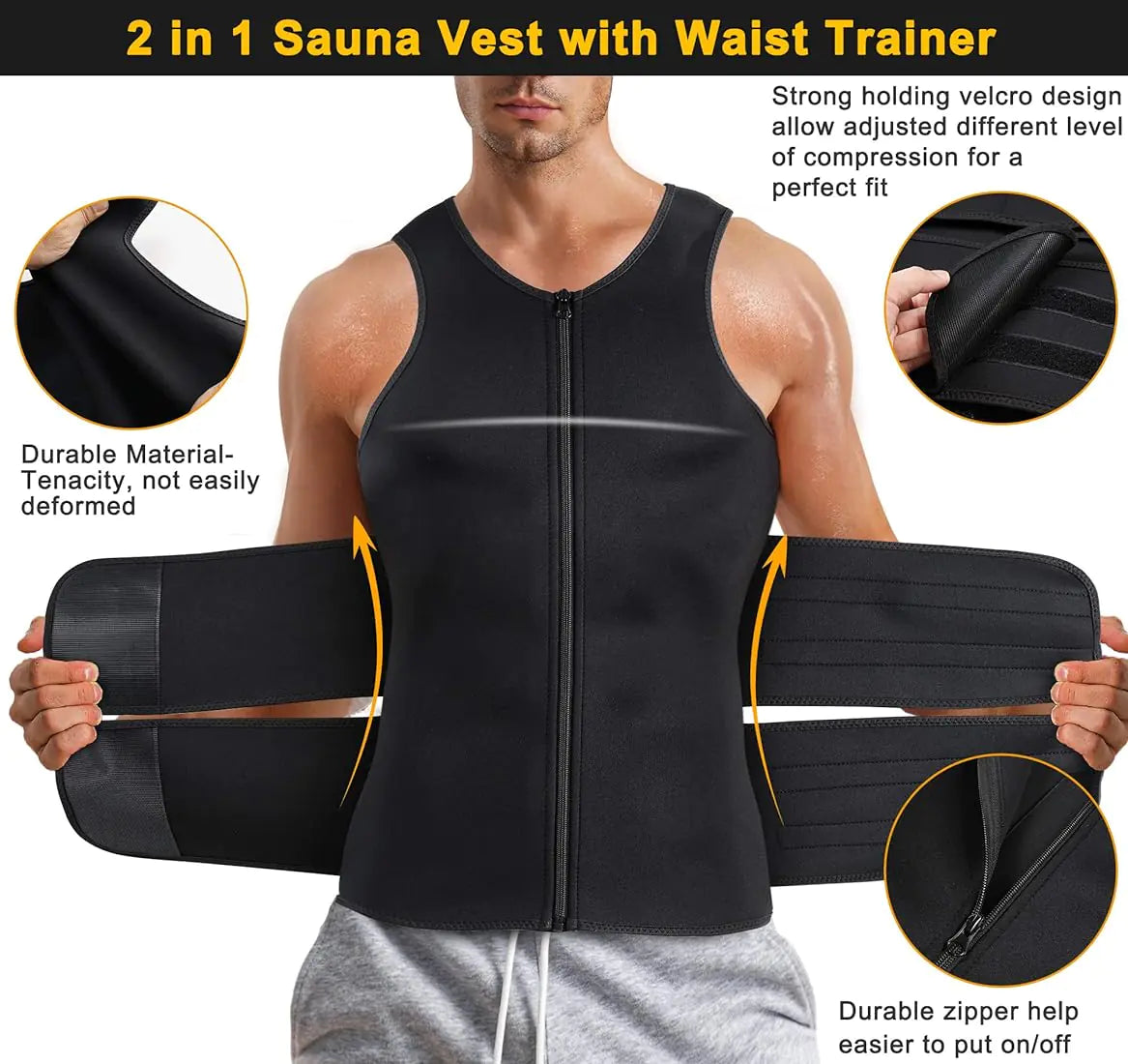 Junlan Men Sauna Zipper Tank Top with Double Belts
